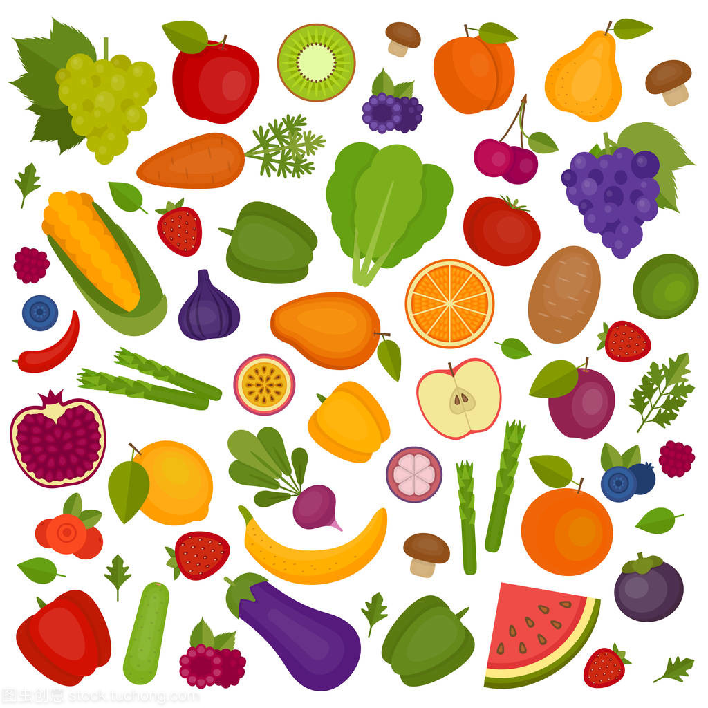 水果和蔬菜的背景。有机食品和健康食品。平面样式,矢量图